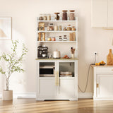 Garvee Farmhouse Bakers Rack with Glass Door Microwave Stand with Power Outlets Kitchen Hutch Pantry Cabinet White 15.75"D x 31.52"W x 62.99"H