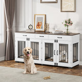 Garvee 71" Wood Dog Crate Furniture with Storage Double Kennel Divider Drawers Living Room XL 71" Wood Finish - White