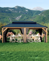 Garvee Hardtop Wood Gazebo 12'x20' with Double Metal Roof, Heavy Duty Wooden Frame, Net and Curtain for Patio Backyard Lawn Garden, Gray