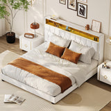 Garvee King Upholstered Bed Frame with Charging Station & Bookcase Headboard, Noise-Free Platform Bed, Stable Wood Slat Support, King Size, Neutral Color - Off White