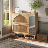 Garvee Rattan Shoe Cabinet with 2 Flip Drawers & Mirror, Adjustable Shelves, Natural Color, Perfect for Entryway Closet Hallway