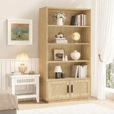 Garvee 5-Tier Boho Bookshelf with Rattan Doors, Tall Wooden Bookcase for Living Room, Bedroom, Home Office, Kitchen, 63 Inch, Natural Wood Color