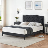 Garvee Queen Size Bed Frame With Adjustable Headboard, Upholstered Platform Bed, Heavy Duty Metal Frame, Wooden Slat Foundation, Button Rivet Decor, Multiple Heights, Grey
