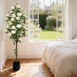 Garvee Artificial Rose Tree 150cm with White Silk Roses & Green Foliage, Stable Black Pot, Mushroom Shape, Durable Stem, Elegant Home & Office Decor - Schwarze Rundes Topf