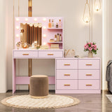 Garvee 61" Make Up Vanity Desk With Mirror And Lights, Pink Vanity With 8 Wide Storage Drawers & 2 Tier Shelves, Adjustable Brightness, Bedroom