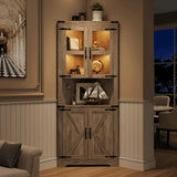 Garvee 67 in Tall Corner Storage Cabinet with Lights, Farmhouse Corner Hutch Display Cabinet, Wooden Storage Organizer for Kitchen, Living Room, Bathroom, Washed Grey