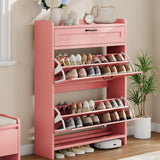 Garvee Shoe Cabinet with 2 Flip Drawers & 1 Top Drawer, Wooden Shoe Organizer for Entryway, 9.5"D x 31.5"W x 42.5"H, High-Gloss Finish - Pink