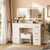 Garvee Vanity Desk with Large Mirror and Lights, 45.9 in Makeup Vanity Table with Power Outlet & 8 Drawers for Powder Room and Bedroom, Adjustable Brightness, White - White