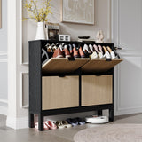 Garvee Shoe Storage Cabinet with 4 Flip Drawers, Farmhouse Fluted Organizer, Metal Legs, Slim Narrow Rack for Entryway, Black+Oak