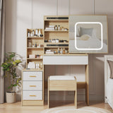 Garvee Vanity Desk with Sliding Mirror and Lights, Makeup Vanity Set with 4 Drawers, Stool, Power Outlet, Open Shelves, 3 Color Adjustable Lighting Modes for Bedroom, Natural - Wood Color