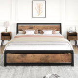 Garvee Queen Size Bed Frame Metal Platform + Wooden Headboard & Footboard + Heavy-Duty Steel Slats + Rustic Brown - Retro Color