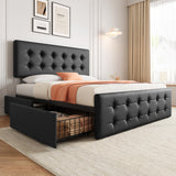 Garvee Queen Size Bed Frame with 4 Storage Drawers and Headboard, PU Upholstered Platform Bed Frame with Stitched Button Tufted Design, Wooden Slats Support, No Box Spring Needed, Black - Black PU (DE90-5W01)