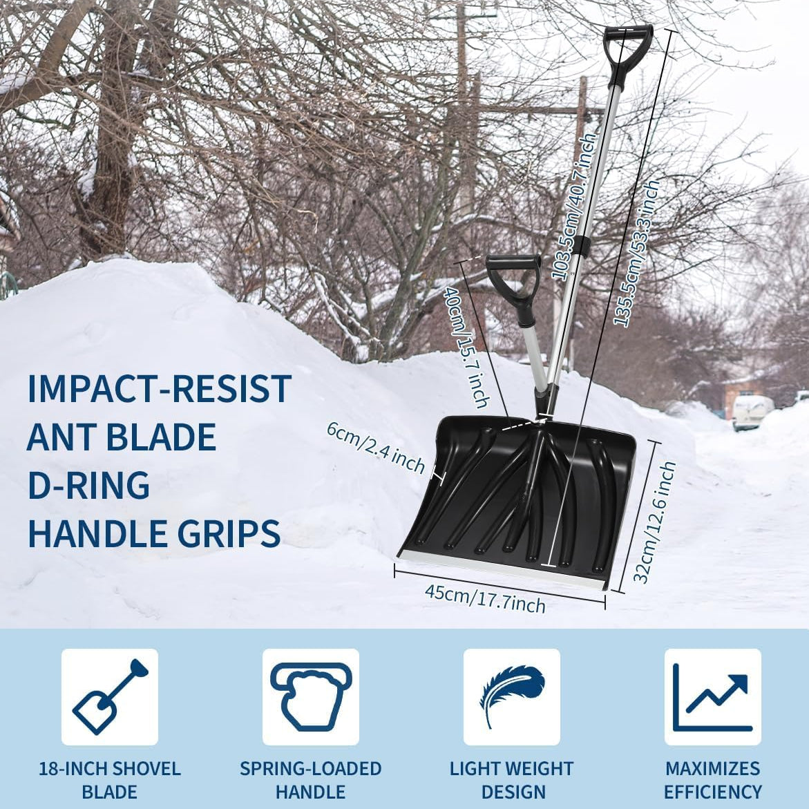 Garvee Ergonomic Dual D-Ring Snow Shovel – 18" Wide Blade with Aluminum Edge – Lightweight Snow Removal Tool for Driveway, Walkway, Car, Yard – Black Shovel with Silver Rod