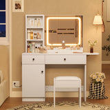 Garvee Makeup Vanity Desk with Mirror and Lights, Drawer & Power Outlet, Chair, 3 Shelves, Bedroom, White