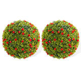 Garvee 16.5" Artificial Plant Topiary Ball Set of 2 with Red Flowers for Indoor Outdoor Porch Balcony Home Decor