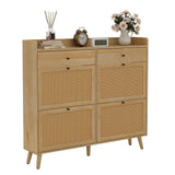 Garvee Shoe Cabinet with 4 Natural Rattan Flip Drawers & 2 Drawers, Wooden Shoe Storage for Entryway, Hallway, Living Room, Solid Wood Legs, Natural Color