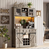 Garvee 72" Farmhouse Coffee Bar Cabinet with Sliding Barn Door, LED Lights & Power Outlets, Tall Kitchen Buffet Hutch, Gray - Gray