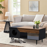 Garvee 45'' Black Coffee Table with Cat House, Storage Drawer, Living Room Furniture, Wooden Rustic, Retro Color