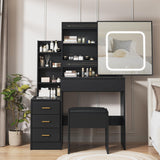 Garvee Vanity Desk with Sliding LED Mirror, Makeup Dressing Table, 4 Drawers, Storage Shelve, Power Outlet, Cushioned Stool, Adjustable Lighting, Black - Black