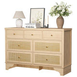 Garvee 7 Drawer Dresser with Natural Rattan Drawers for Bedroom, Living Room, Entryway, 47.3 in Wide, Wood Chest of Drawers, Sturdy Base, Natural Color - Natural Oak