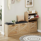 Garvee Farmhouse Shoe Cabinet with Bench and 4 Flip Drawers, Entryway Shoe Organizer, Natural Wood, Spacious Storage, Comfortable Seating