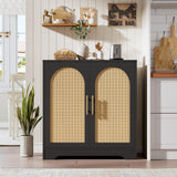 Garvee Sideboard Buffet Cabinet With 2 Rattan Doors For Living Room Kitchen Hallway Dining Room Entryway, 29.8" W x 31.5" H, Black - Black