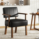 Garvee Mid-Century Accent Chair Wood Frame PU Leather Vertical Stripe Black Living Room Bedroom Balcony