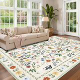 Garvee 9x12 Vintage Floral Area Rug, Washable Large Boho Indoor Carpet, Low Pile, Beige