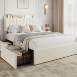 Garvee Queen Bed Frame with Storage Headboard, 2 Drawers, Boucle Upholstered Platform Bed for Girls, Ivory White, Easy Assembly - Ivory White