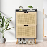 Garvee Black Rattan Shoe Cabinet, MDF Entryway Shoe Storage with 2 Flip Drawers, 23.62 in Wide 9.23 in Slim Depth, Anti-Tip Design, Top Shelf, Wood-Look Legs, Space-Saving Organizer for Hallway and Foyer - Black
