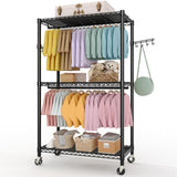 Garvee Rolling Clothes Rack Heavy Duty Metal Garment Rack Double Rods Adjustable Shelves Portable Wire Rack 80"H Black
