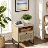 Garvee Rattan Nightstand With Storage Drawer & Metal Legs, Boho Farmhouse Bedside Table, 15"D x 18.9"W x 22.2"H, Light Oak