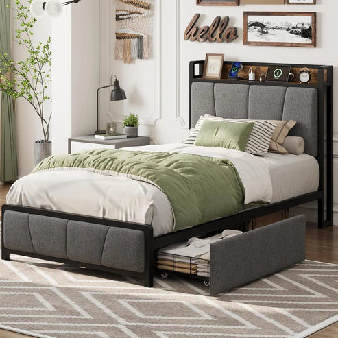 Garvee Twin Size Bed Frame with 2 Storage Drawers and Charging Station, Rustic Linen Upholstered Platform Bedframe with Storage Headboard, Heavy Duty, Easy to Assemble for Kids, Grey
