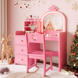 Garvee Kids Vanity Desk with Mirror and Lights, White Princess Wooden Makeup Vanity with Chair, Storage Shelves and Drawers, 2-in-1 Girls Dressing Table - Pink