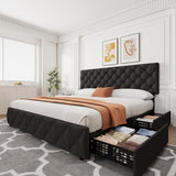 Garvee King Size Bed Frame with 4 Storage Drawers, Linen Upholstered Platform Bed Frame with Adjustable Headboard, Diamond Stitched Button Tufted, No Box Spring Needed, Black - Black(Ys188-40)