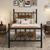 Garvee Twin Size Bed Frame with Headboard and Footboard, Metal Vintage Circular Design, Brown, Twin, Storage Space, Noise-Free