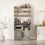 Garvee Bakers Rack with Power Outlet and Wood Doors, Farmhouse Microwave Stand, 63" Tall, Rustic Gray