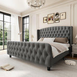 Garvee Velvet King Size Platform Bed Frame With Wingback Headboard, Strong Wooden Slat Support, Noise-Free Design, Grey, 51" Tall - Grey