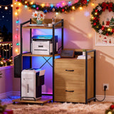 Garvee File Cabinet Furniture With 2 Drawers Rolling Printer Stand Power Strip LED Lights 49.2" Natural - Natural