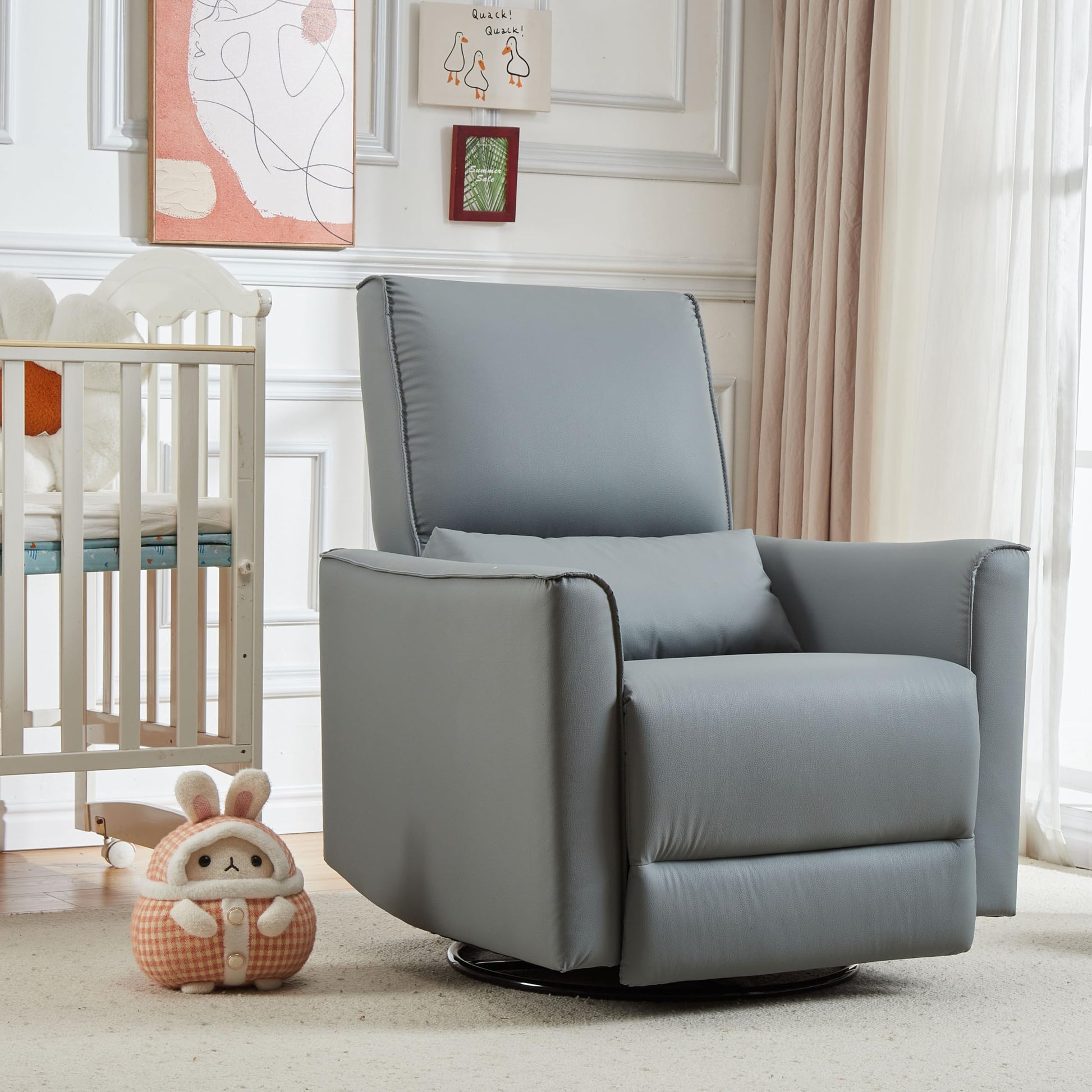 Garvee Swivel Rocking Nursery Recliner Chair Rocker Recliner Glider Deep Seat PU Leather Sofa Chair with high Backrest for Nursery, Living Room, Bedroom & Home Movie Theater, Gray