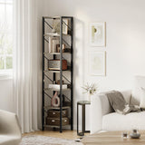 Garvee Space-Saving Narrow Bookshelf 6 or 7 Shelves Tall Wooden Black Metal Stand Industrial Design Adjustable Feet Anti-Tip For Living Room Bedroom Office