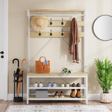 Garvee Space-Saving Coat Rack with Shoe Bench, 3-Tier Shelf, 8 Hooks, Wood & Metal Frame for Hallway and Bedroom, Sturdy Seating, Storage Compartments