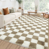 Garvee Checkered Area Rug 9x12 Taupe-White Thick Soft Shaggy Carpet for Living Room Nursery Bedroom - Taupe