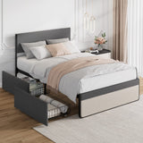 Garvee Full Size Upholstered Bed Frame with 2 Storage Drawers, Steel Slats, Linen Fabric, Noise-Free, Ideal for Small Rooms - Grey