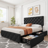 Garvee Full Size Bed Frame with 4 Storage Drawers, Adjustable Headboard, Linen Upholstered, Black, Platform Bed, Diamond Stitched Button Tufted - Black
