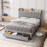 Garvee Full Size Bed Frame with Storage Drawer, Upholstered Platform Bed Frame with Storage Headboard and Charging Station, Mattress Foundation with Solid Wooden Slats Support, Light Grey - Light Gray