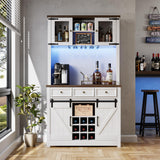 Garvee 71" Coffee Bar Cabinet with Power Outlet & LED Light, Farmhouse Kitchen Hutch, Sliding Barn Door, Large Storage, Wine Display, White