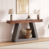 Garvee Farmhouse Console Table 2-Tier Wooden Trapezium Sofa Table Industrial Entryway Furniture 55.1''x11.8''x31.5'' Gray & Brown