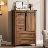 Garvee Farmhouse 5 Drawer Dresser with Sliding Barn Door for Bedroom, Hallway, Living Room, 48" Tall, Walnut