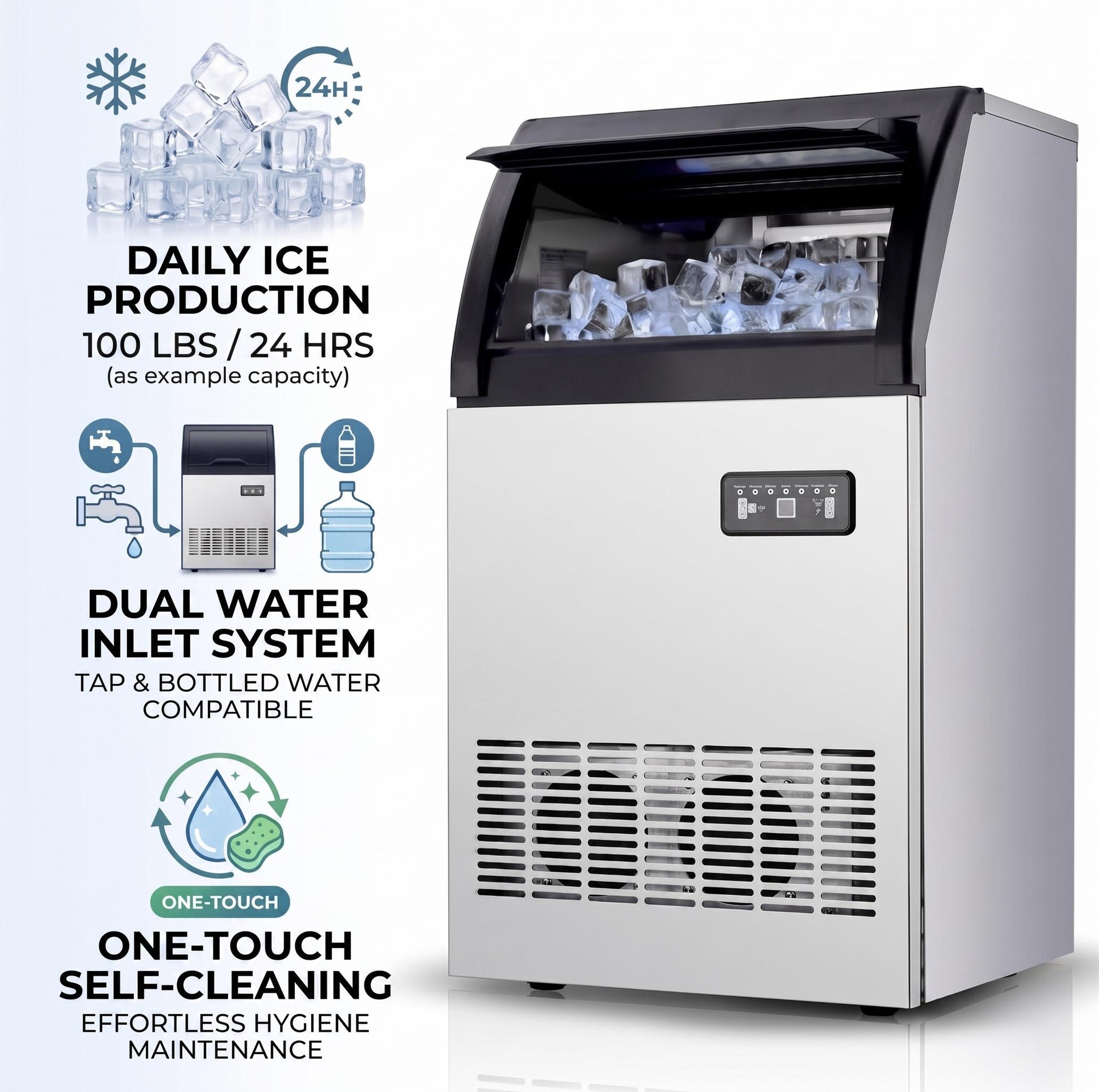 Garvee High-Efficiency Commercial Ice Maker Machine – 100lbs/24H, 33lbs Storage, Stainless Steel, Under Counter, Self-Cleaning, Dual Water Inlet, LED, Fast 45pcs Clear Ice, for Bar, Restaurant, Office, Silver Black